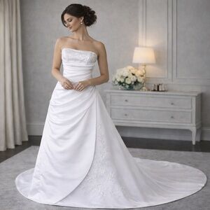 Strapless White Satin Wedding Dress Beaded Ruched Bridal Gown w/Wrap XS 4 Petite